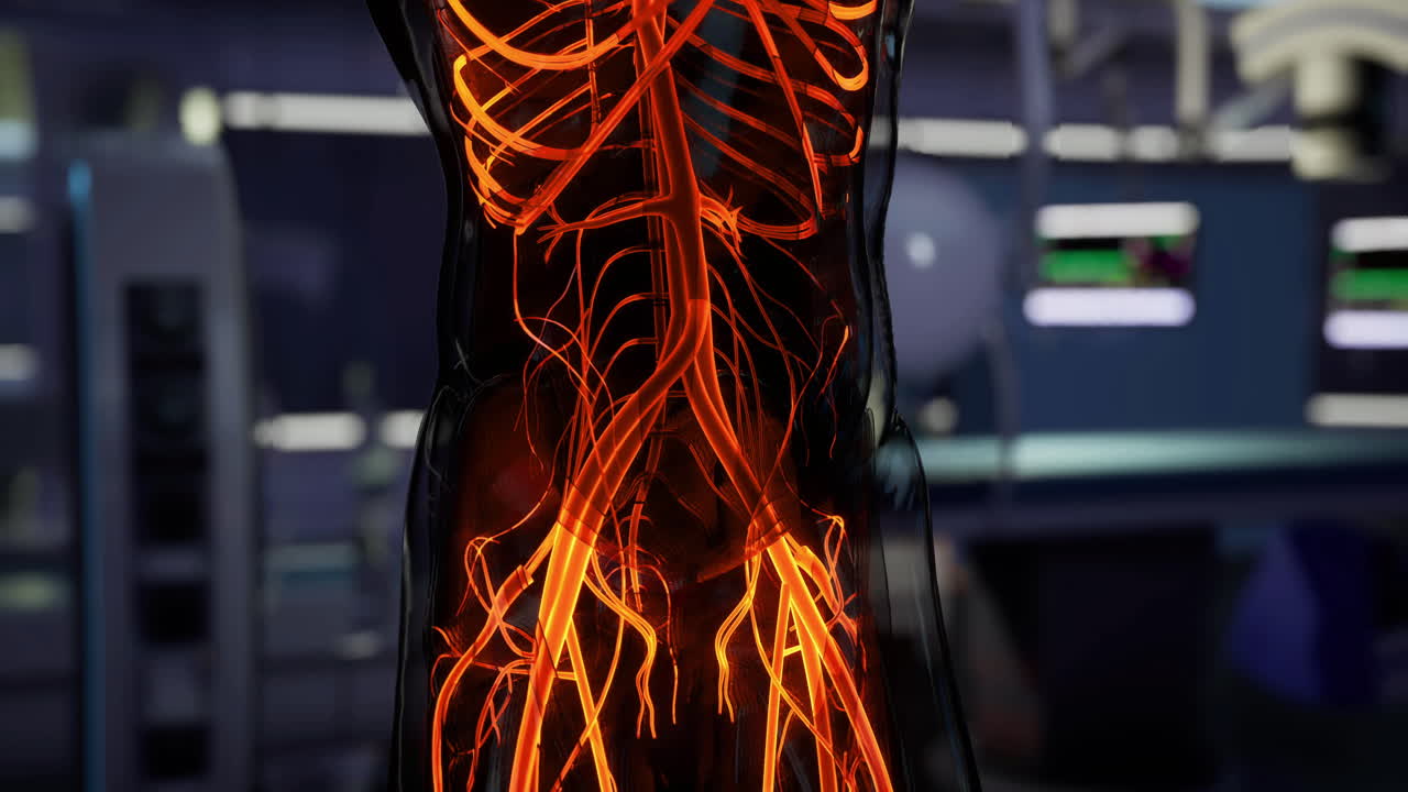 Detailed view of human anatomy highlighting veins and arteries in the torso