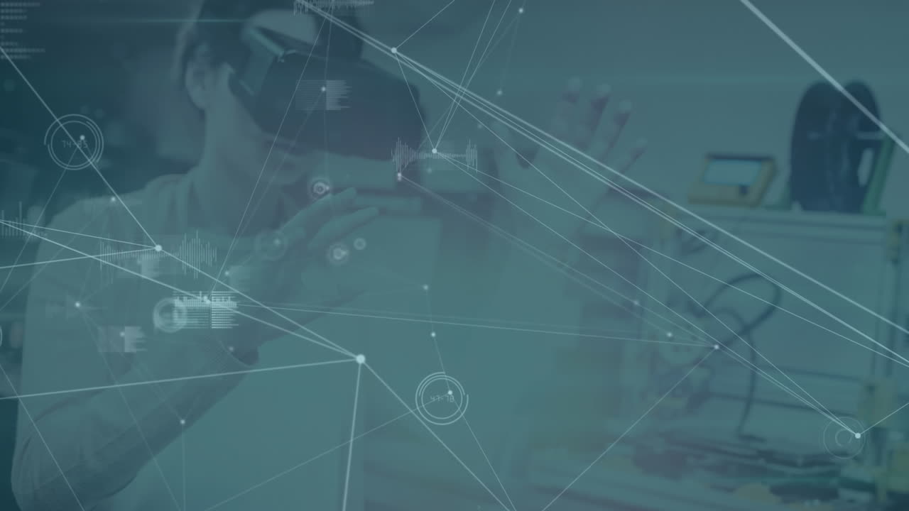 Animation of network of connections over woman wearing vr headset