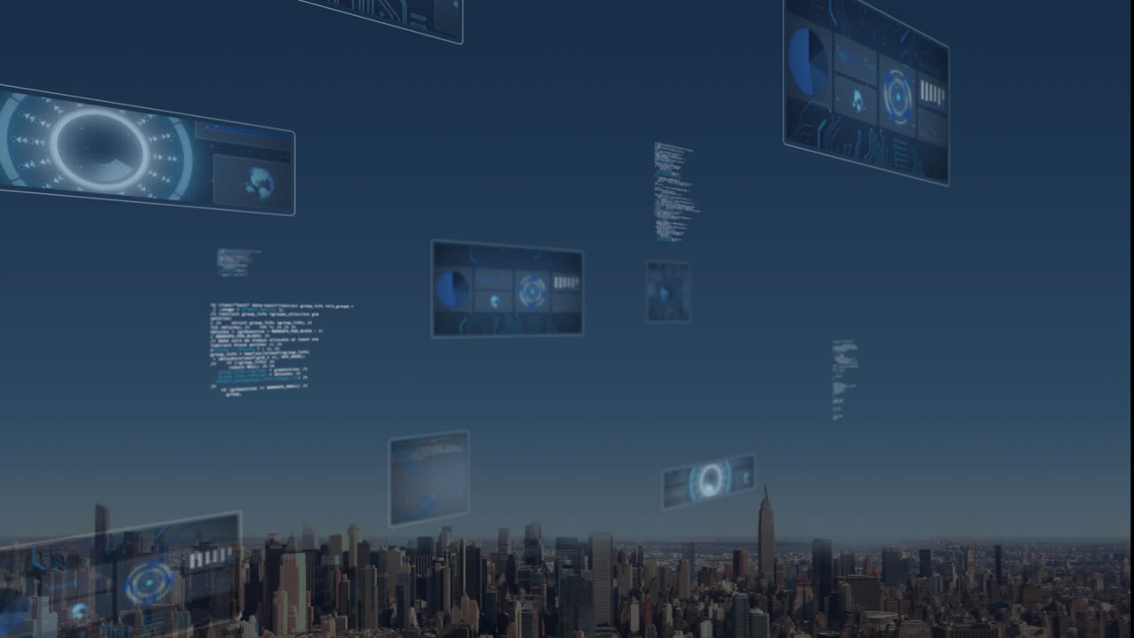 Animation of data processing over cityscape