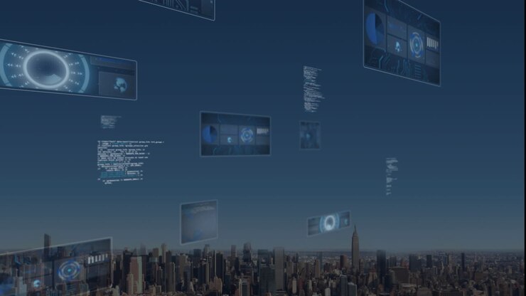 Animation of data processing over cityscape