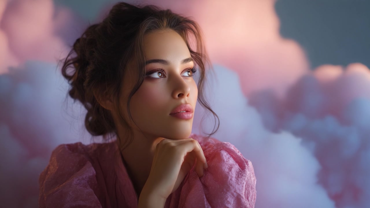 Un ritratto accattivante di una giovane donna con capelli scuri, che indossa un abito rosa, ambientato su uno sfondo sognante di nuvole pastello, che evoca eleganza e contemplazione.