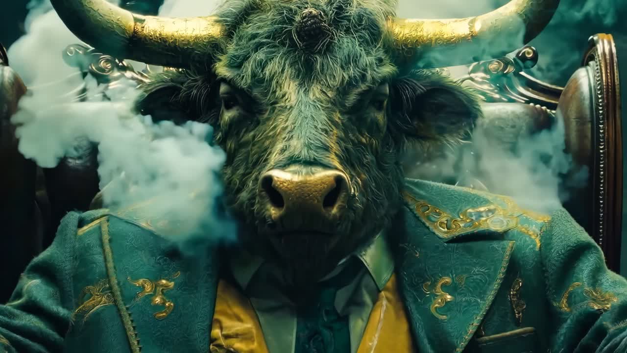 un toro en un traje sentado en un trono