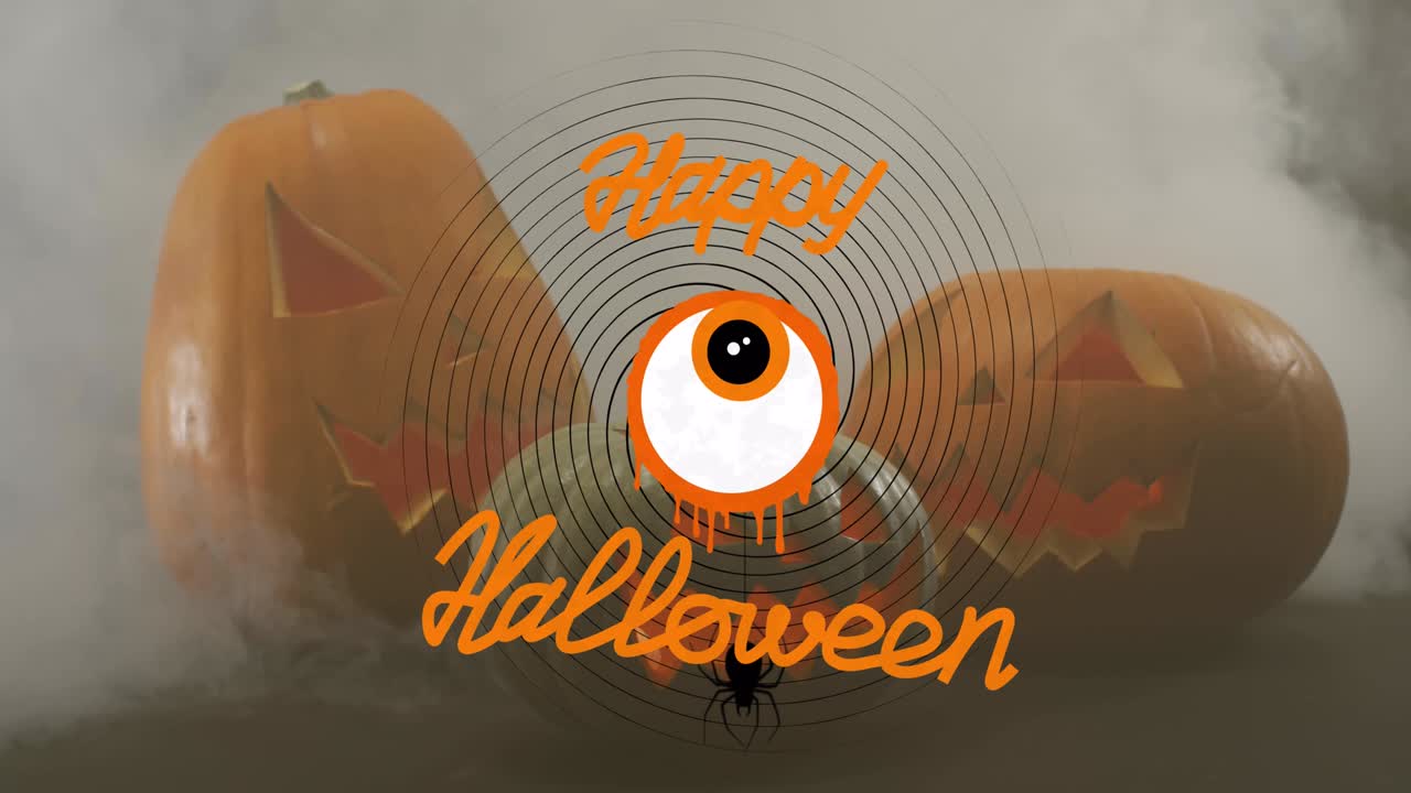 feliz banner de texto de halloween con icono de ojo aterrador contra contra efecto de humo sobre calabazas