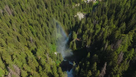 a lush forest with a waterfall and rainbow hidden among the trees, aerial view