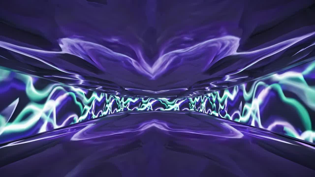 Futuristic tunnel with glowing blue patterns, captured from a low-angle perspective