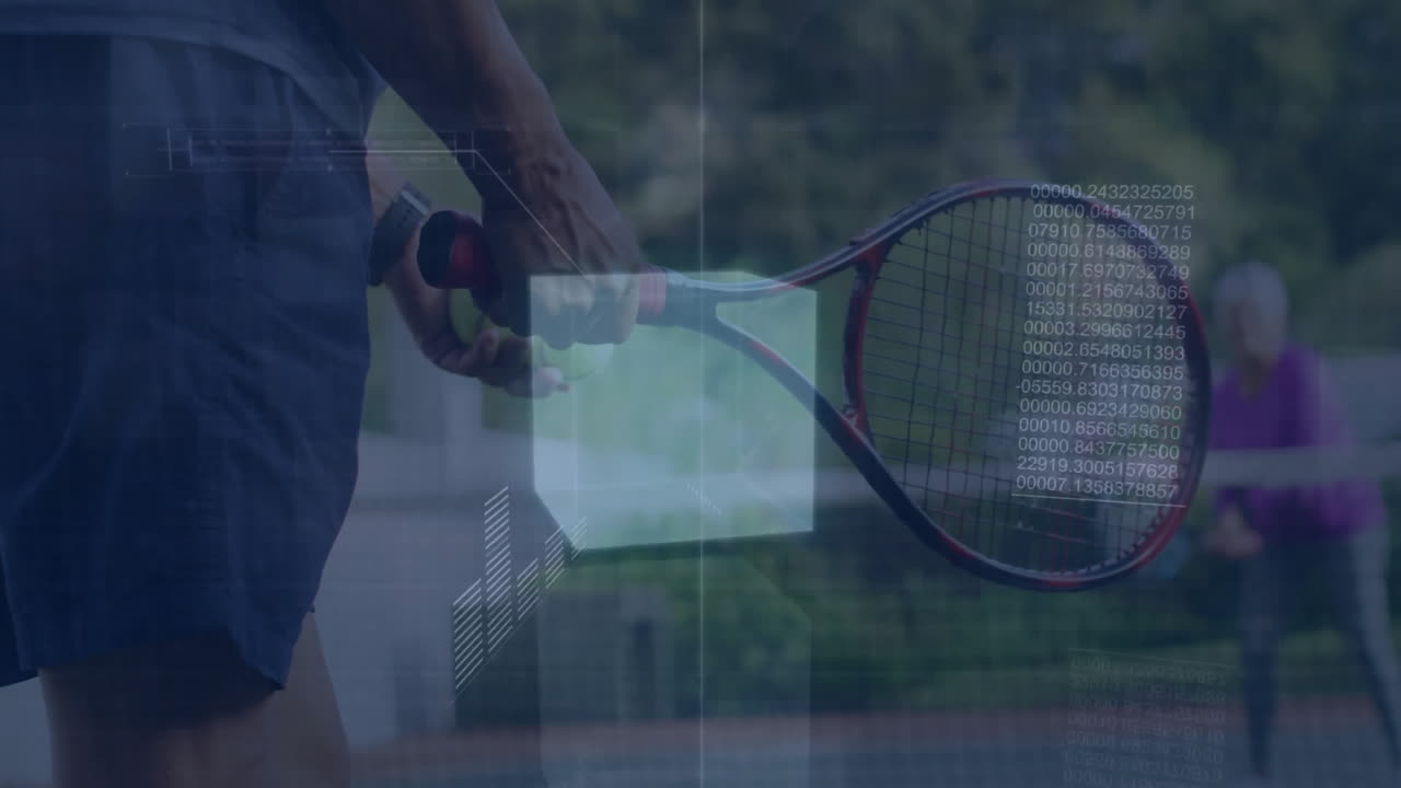 Senior man serving tennis balls on clay court, with technology HUD graphics floating over scene