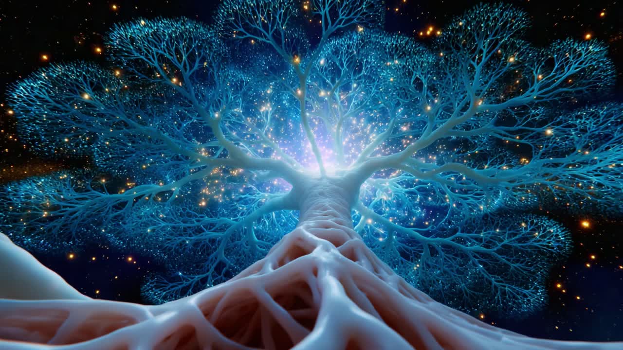A mesmerizing transformation of a luminous tree spreading its intricate branches and roots, glowing with vibrant energy from within, showcasing the beauty of light intertwined with nature's art in a cosmic backdrop