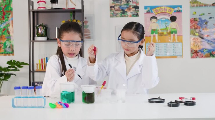 Asiatiske skolepiger bærer beskyttelsesbriller og laboratoriekitler, mens de bruger pipetter til videnskabelige eksperimenter i klasseværelset.
