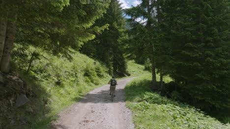 Aerial-following-shot-of-mtb-cyclist-riding-on-rocky-path-between-green-growing-mountain-in-summer-sunlight