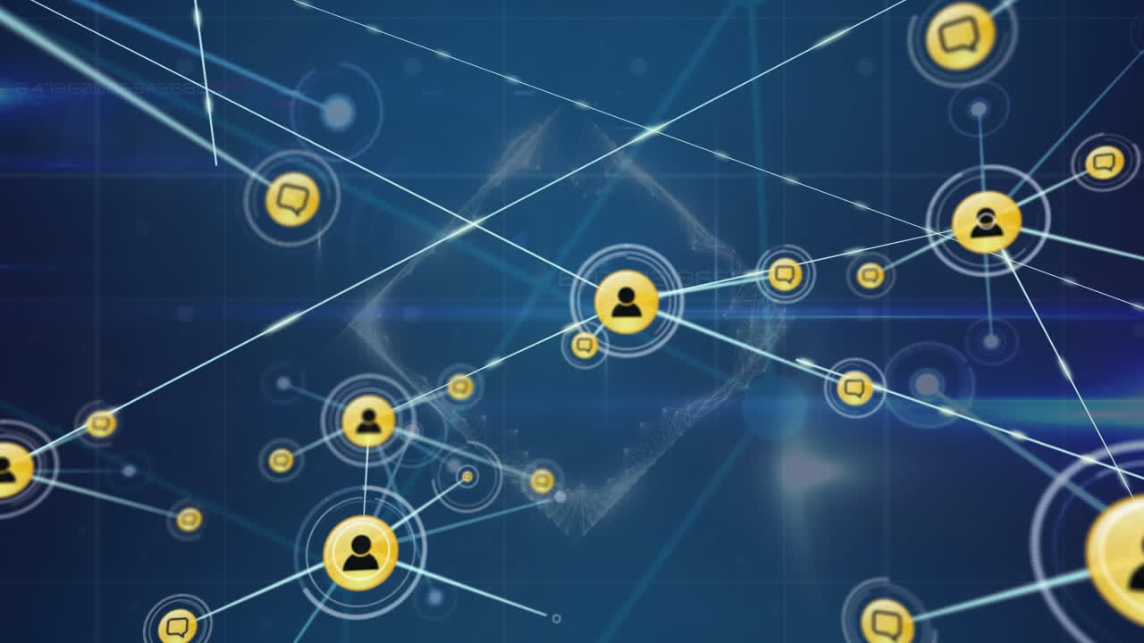 Animation of network of digital icons and light trails against blue background