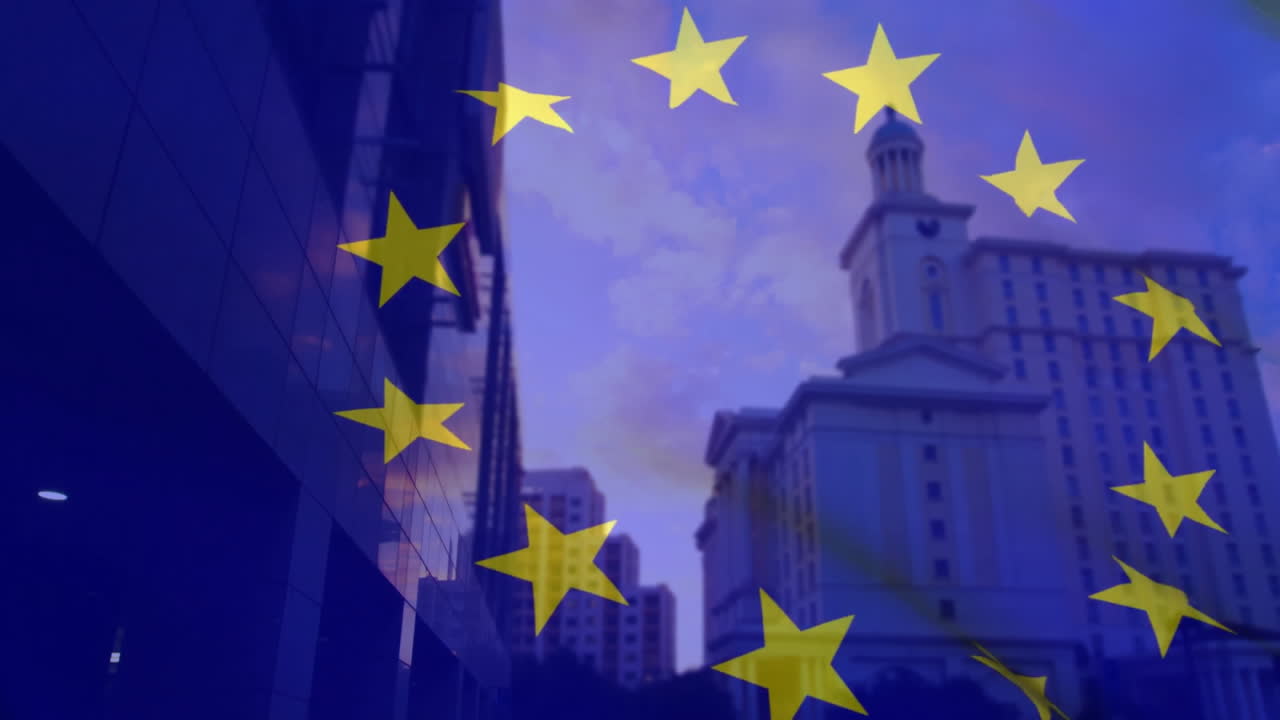 European Union stars animation over cityscape with modern and classical buildings