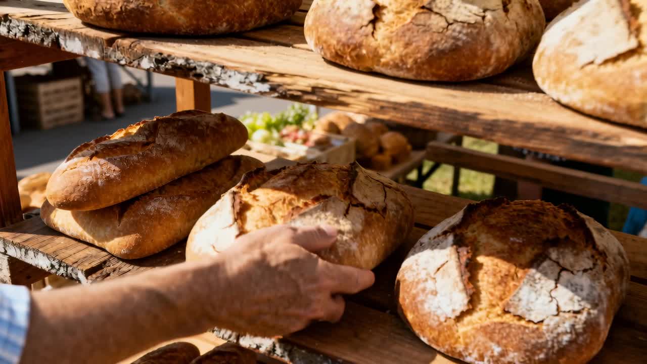 Reaching from left shopper in blue shirt lifting checking sourdough loaf at market moving to basket