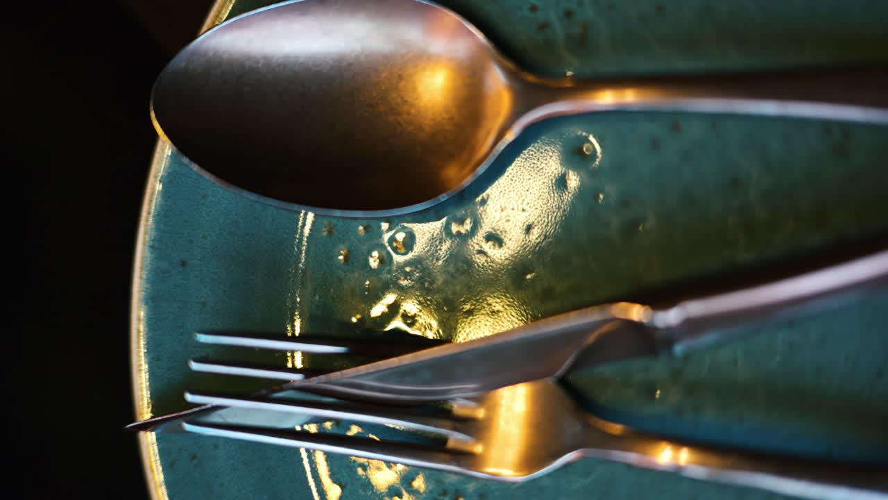 Stainless steel food cutlery on a ceramic plate