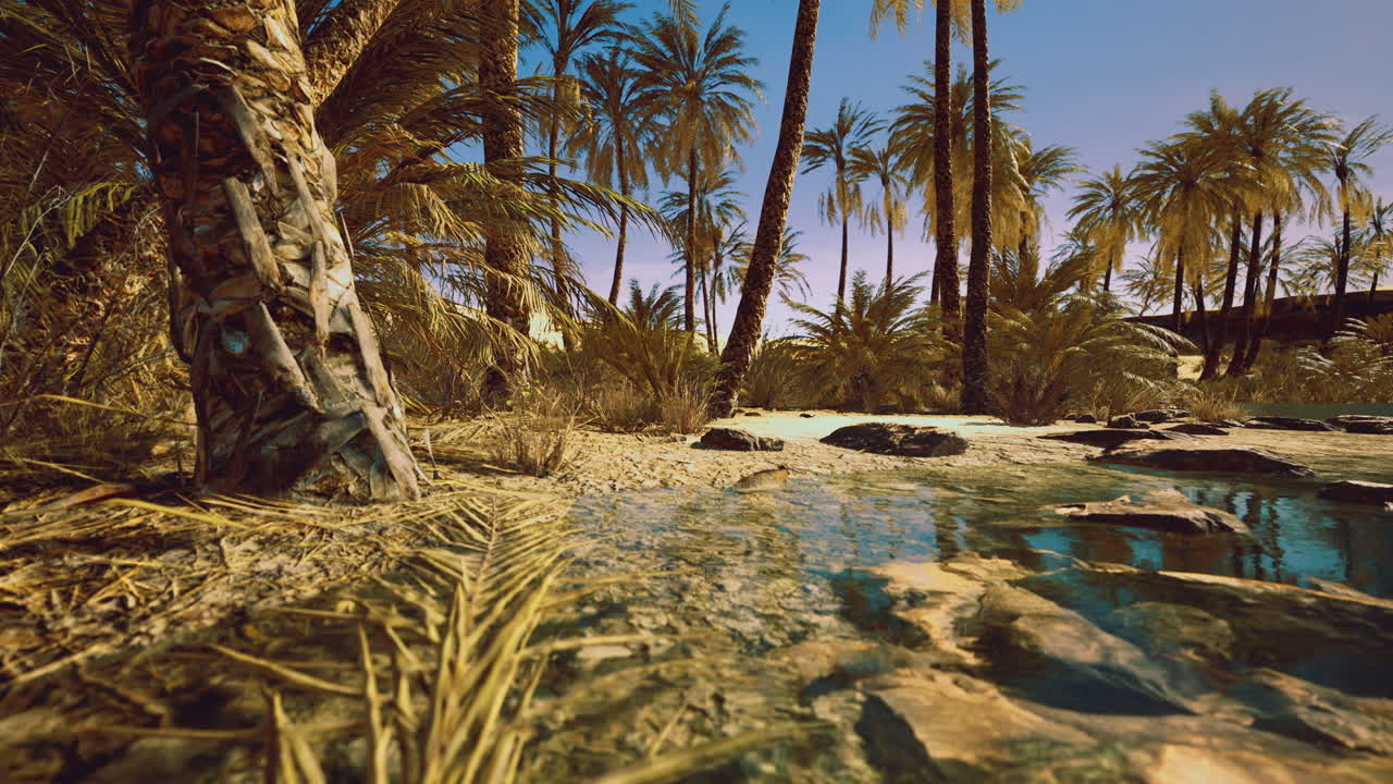 Serene oasis with palm trees and clear water surrounded by nature