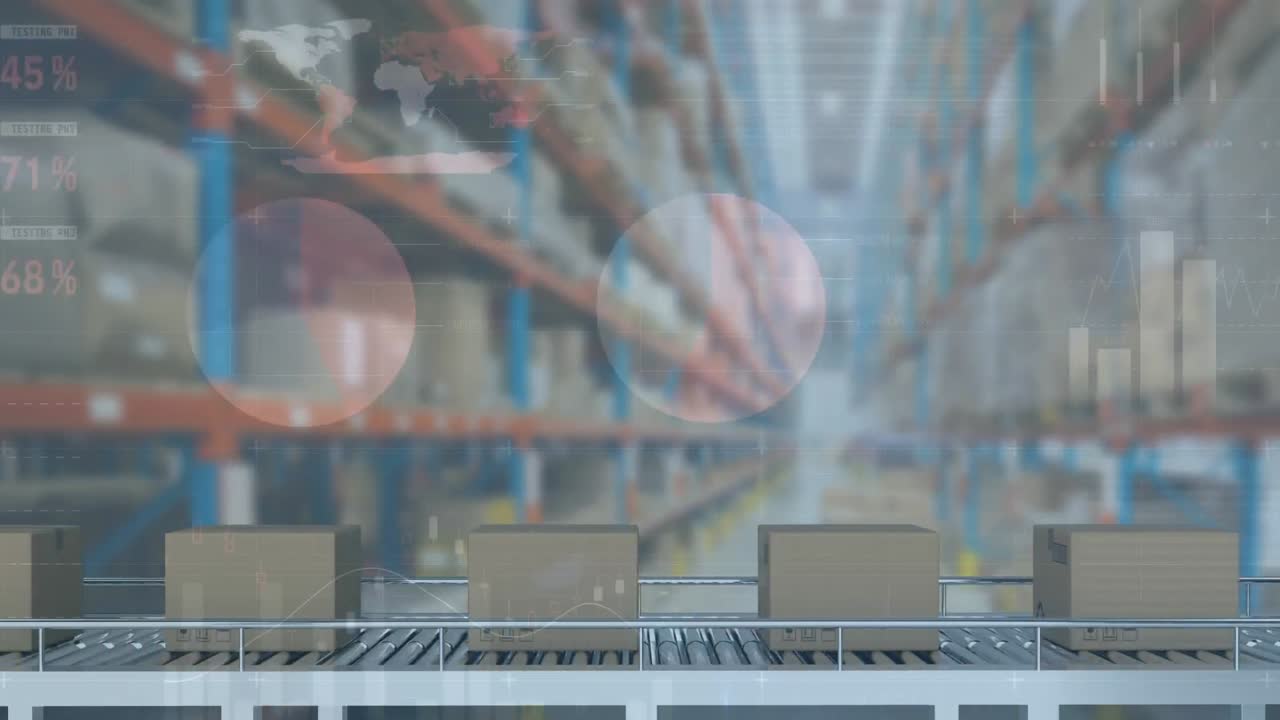 창고의 컨베이어 벨트에 있는 상자 위의 데이터 처리의 애니메이션