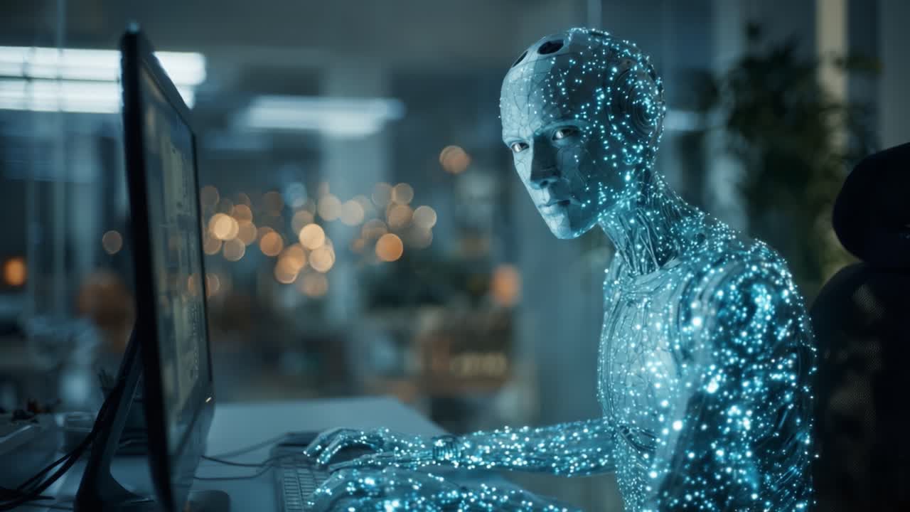 Futuristic AI Life: A Glimpse into a Cybernetic Being Engaged with Technology in a Modern Workspace Enveloped in Sparks of Data and Innovation