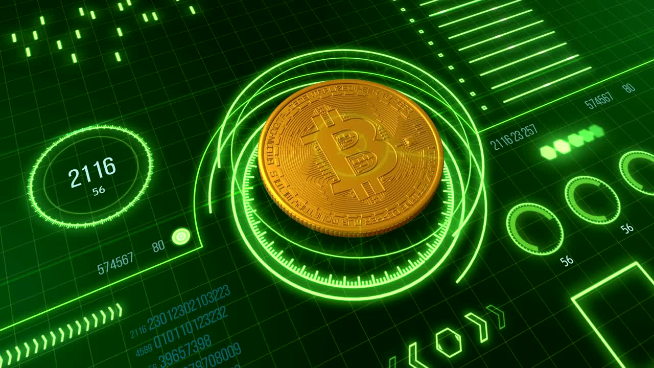 간단한 배경에 황금 비트코인과 함께 추상적인 미래의 가상 사용자 인터페이스.