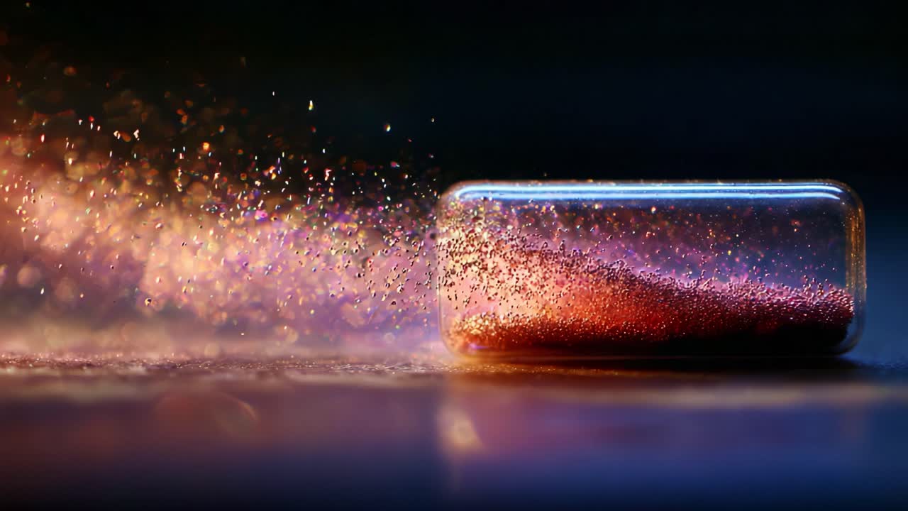 Captivating Reveal of Glittering Particles Escaping a Glass Vessel, Showcasing a Stunning Display of Color and Light as They Dance Through Space in a Mesmerizing Scene