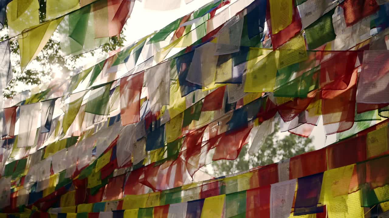 Prayer Flags at Monkey Temple in Kathmandu in Nepal, Bright Colourful Buddhist Prayer Flags of Bright Colorful Colors at the Sacred Holy Religious Site for Buddhism