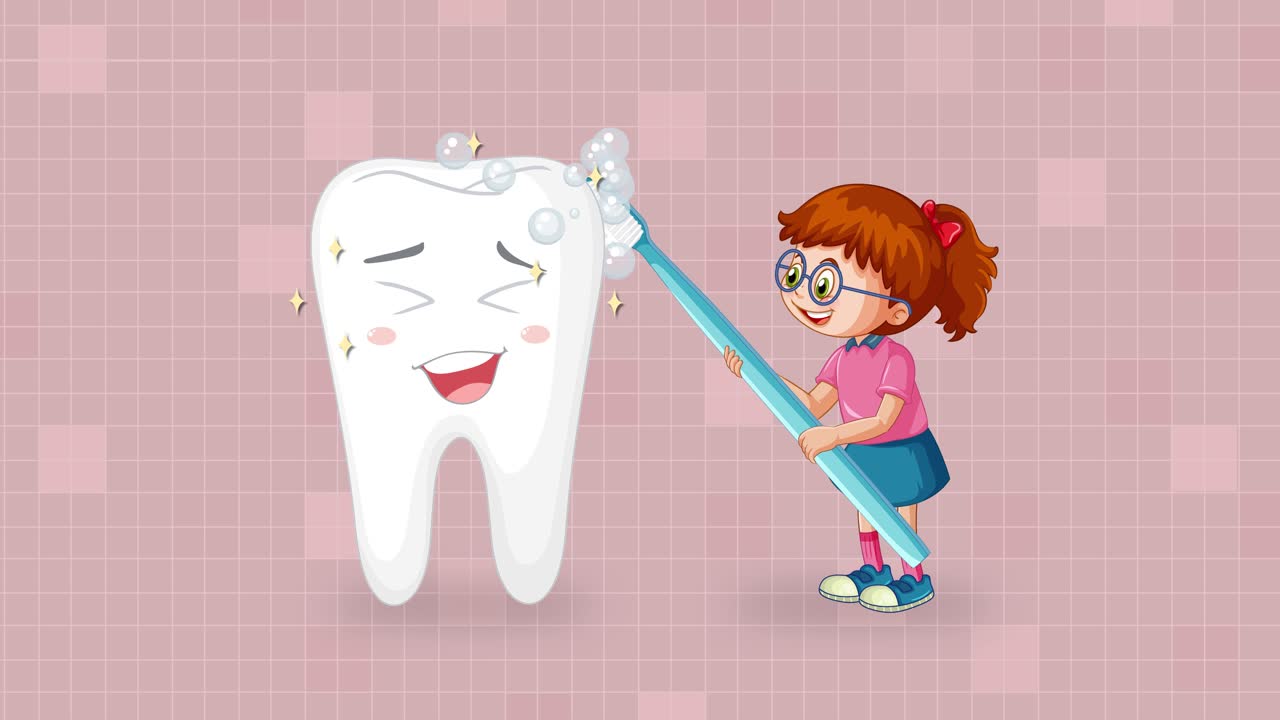 Animated sequence of a smiling girl brushing a large cartoon tooth with a toothbrush, showing foaming action and clean, happy results on a pink background