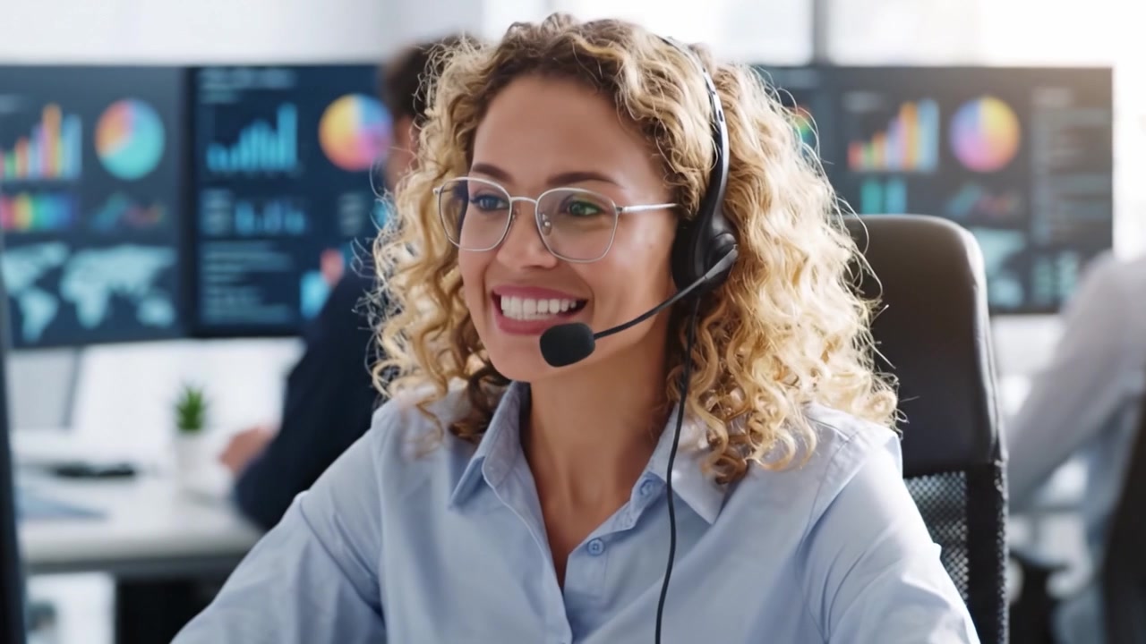 Un allegro rappresentante del servizio clienti gode di un'interazione di successo, mostrando empatia e professionalità in un moderno ambiente d'ufficio. Interagisce attivamente con i clienti utilizzando efficaci capacità di comunicazione