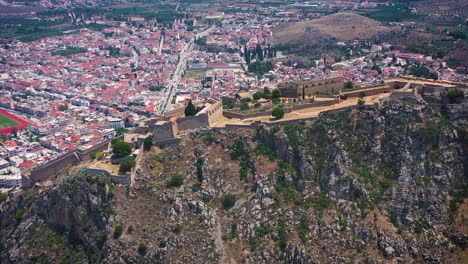 Nafplio-city-and-Palamidi-fortress-filmed-from-drone,-nice-view-of-mountain-and-sea