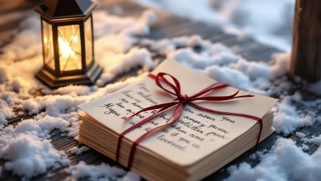Warmly lit letters bundled with a red ribbon resting on snowy wooden surface with lantern glow