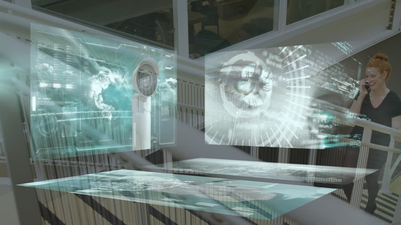 사무실에 있는 백인 사업가 여성에 대한 금융 데이터 처리의 애니메이션