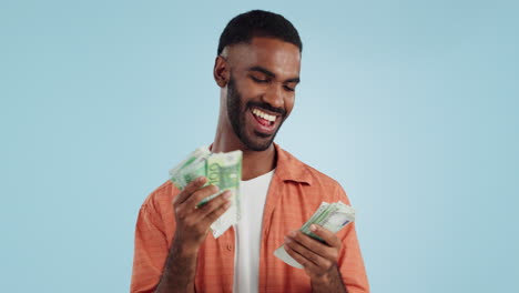 man, count cash and happy in studio with success