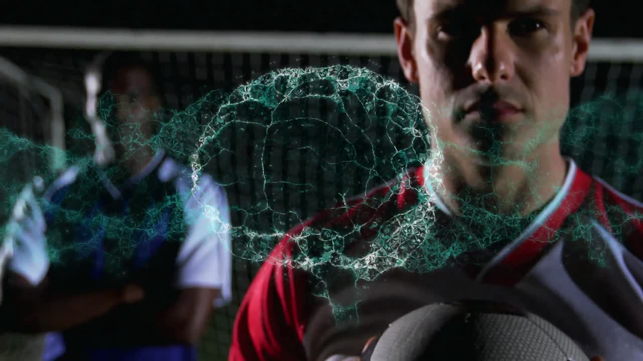 animación de la interfaz digital con cerebro giratorio sobre los jugadores de fútbol