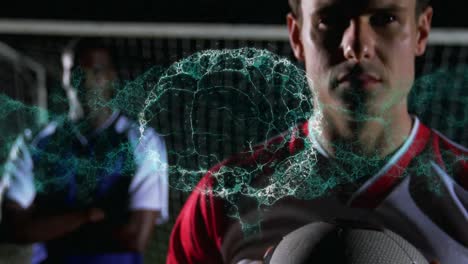 Animation-of-digital-interface-with-rotating-brain-over-football-players