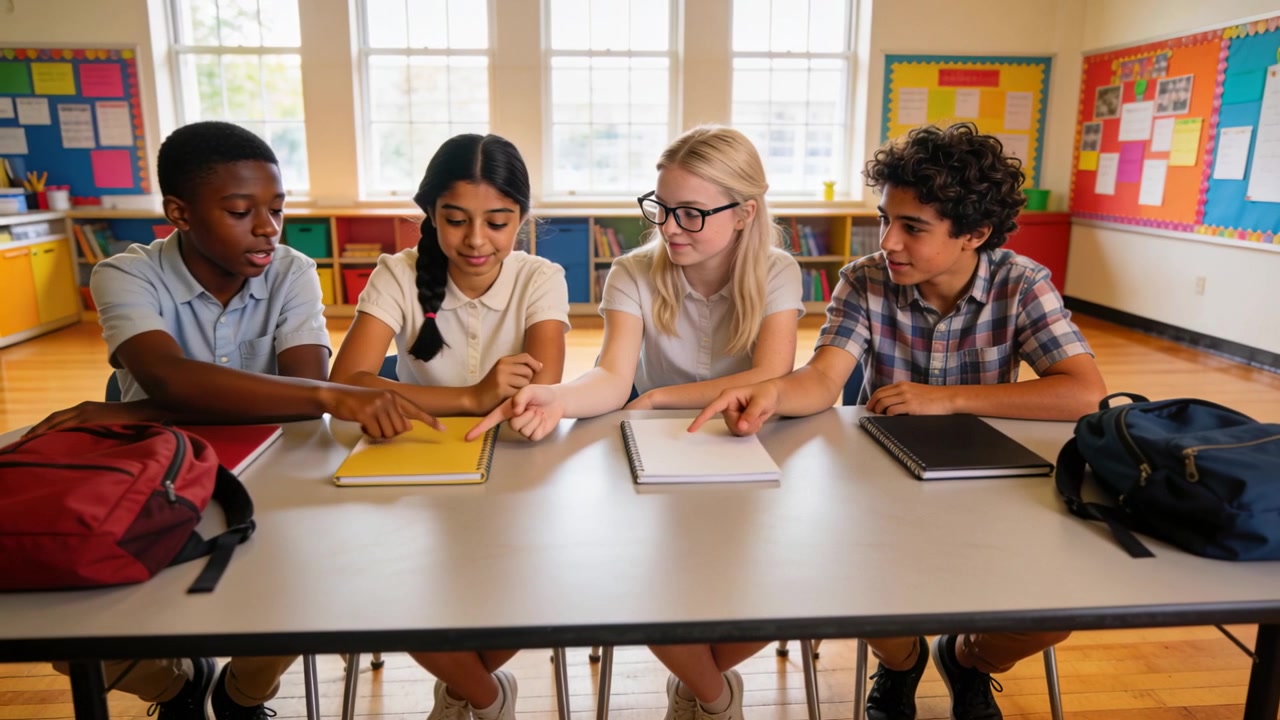Opening notebooks, four teens working, leaning and pointing, tapping hand, sitting up in classroom