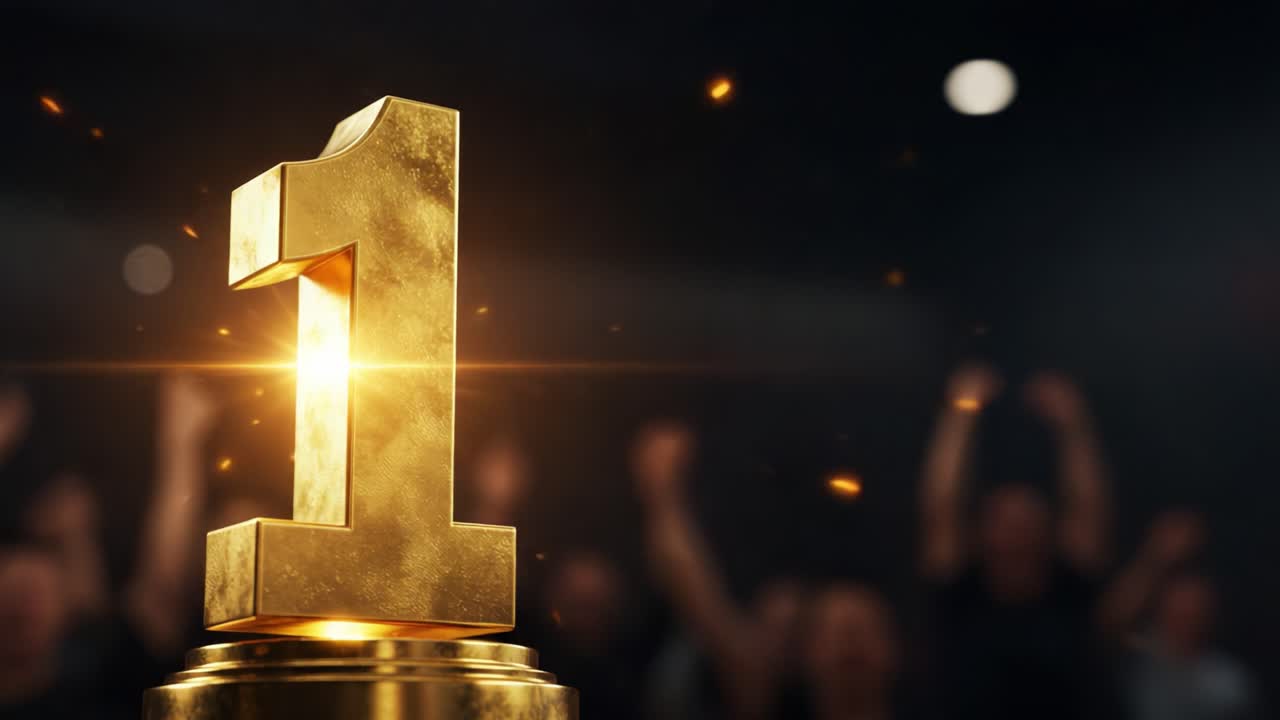 Celebrating Victory: A Gleaming Golden Number One Trophy Shines Brightly Amidst Cheerful Fans, Symbolizing Achievement and Triumph in Every Competition