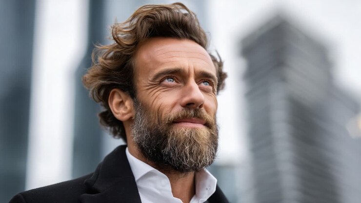A Confident Man with a Stylish Beard and Captivating Smile Standing in a Modern Urban Landscape, Effortlessly Radiating Charm and Positivity Amidst the Cityscape