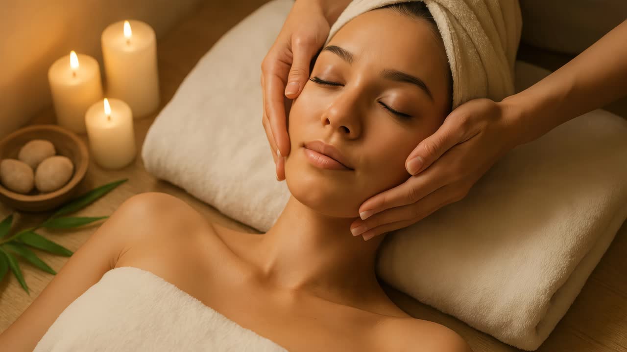A serene spa scene captured from a top-down angle, showcasing a relaxing facial massage