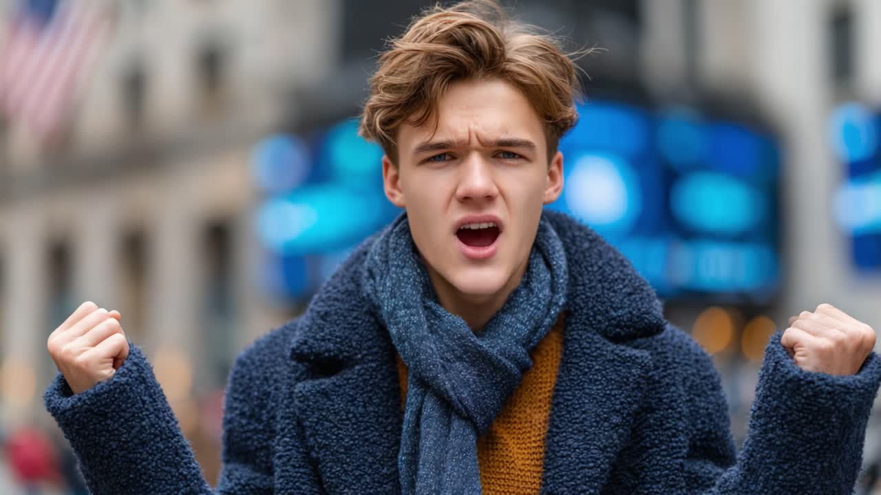 A Young Man Expressing Strong Emotions in a Busy Urban Setting, Showcasing Passion and Determination Against a City Backdrop