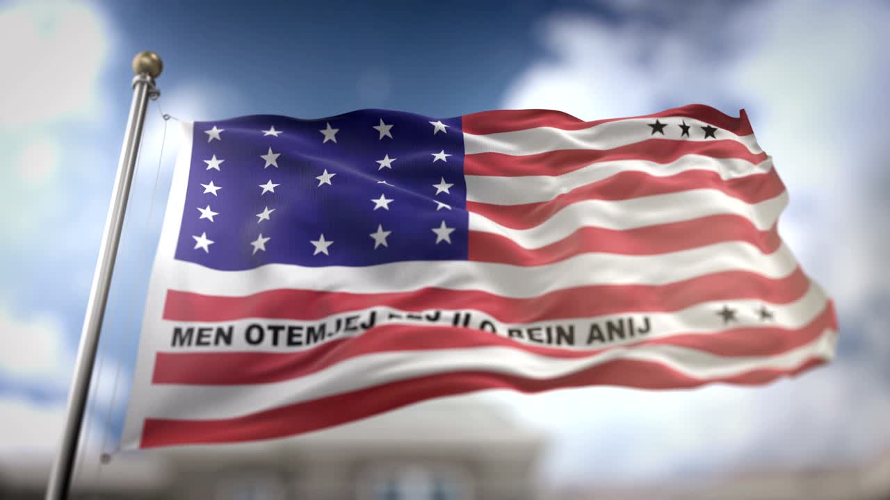 la bandera del atolón de bikini ondeando en cámara lenta 3d con fondo de cielo azul - bucle sin costuras 4k