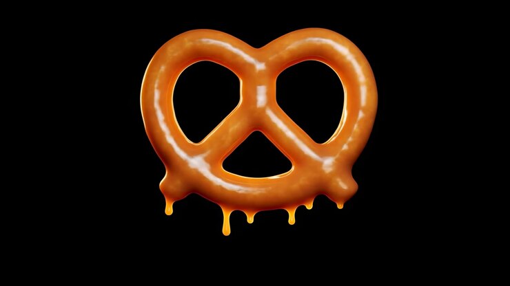 Composizione da studio centrata mostra un pretzel morbido completamente ricoperto da una spessa glassa al caramello, con gocce lucide, goccioline sospese, una ricca lucentezza marrone e uno sfondo scuro che crea un forte contrasto.