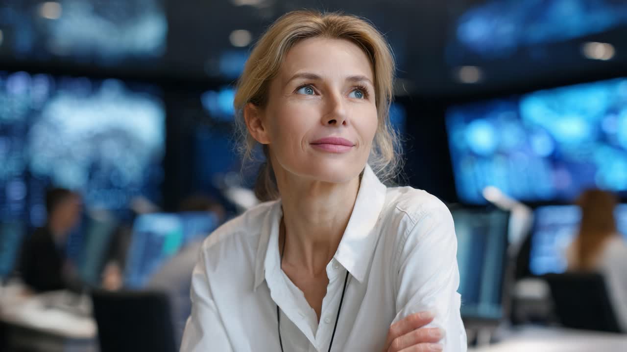 Contemplative Professional in a High-Tech Control Room Reflecting on Innovative Strategies Amidst Dynamic Digital Displays and a Collaborative Environment
