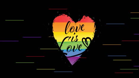 animation of rainbow heart with love is love text over rainbow stripes on black background