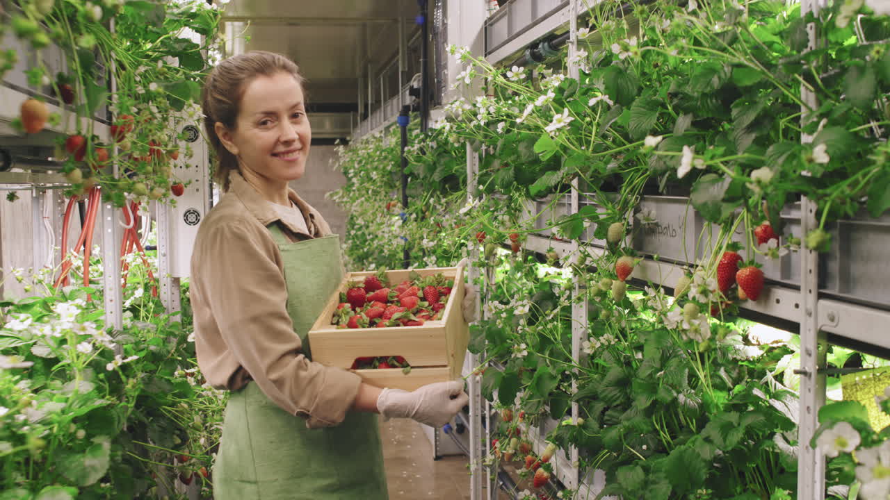 Woman harvesting strawberries in a vertical farm