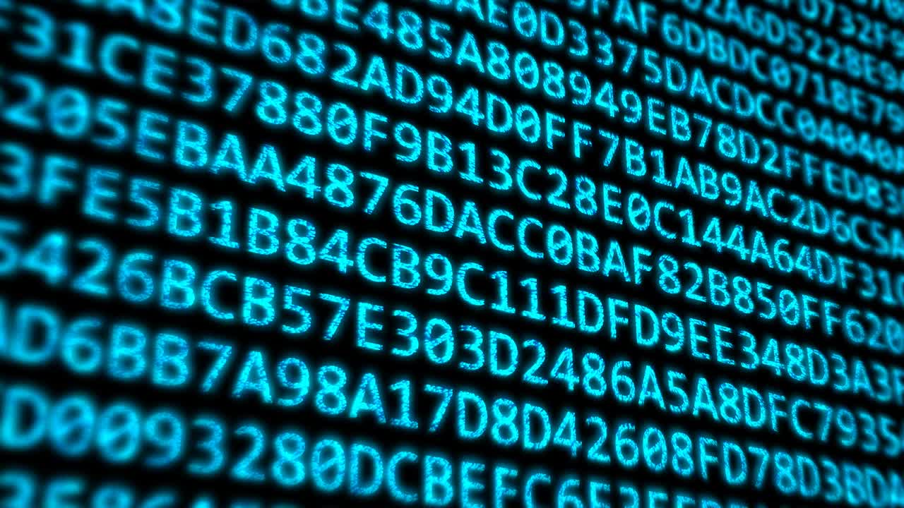 código hexadecimal dígitos del programa en la pantalla del monitor de la computadora digital - animación de fondo de movimiento de bucle sin costuras de 4k