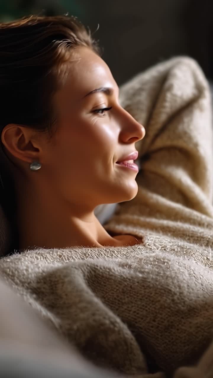 A woman in a cozy sweater relaxes on a couch, exuding warmth and comfort while enjoying a moment of tranquility with a serene expression and a gentle smile