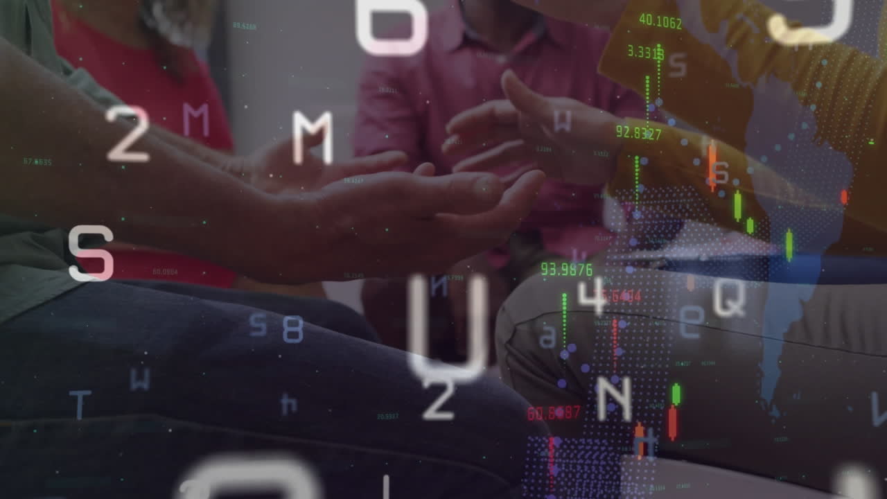 animación de letras, números y gráficos sobre diversas personas que comparten experiencia en terapia de grupo