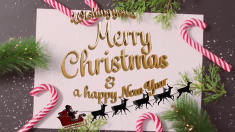 animation of marry christmas text and christmas decorations