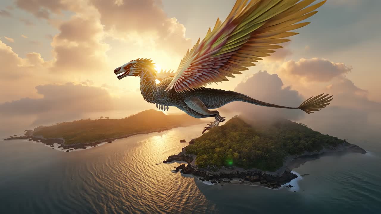 Gliding stylized feathered dragon adjusting wings and tail over island archipelago as sun sets