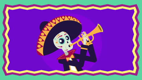 viva méxico animación con cráneo de mariachi tocando la trompeta