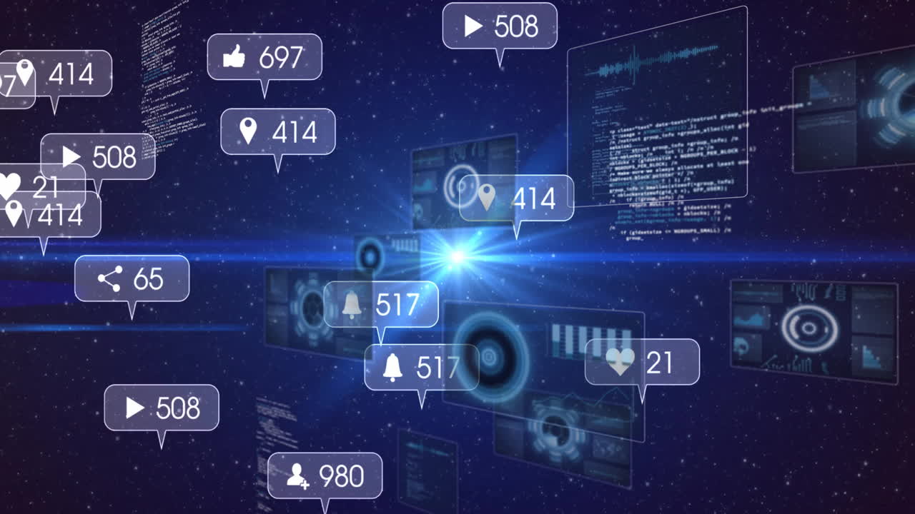 Digital notifications processing with animation on futuristic technology background