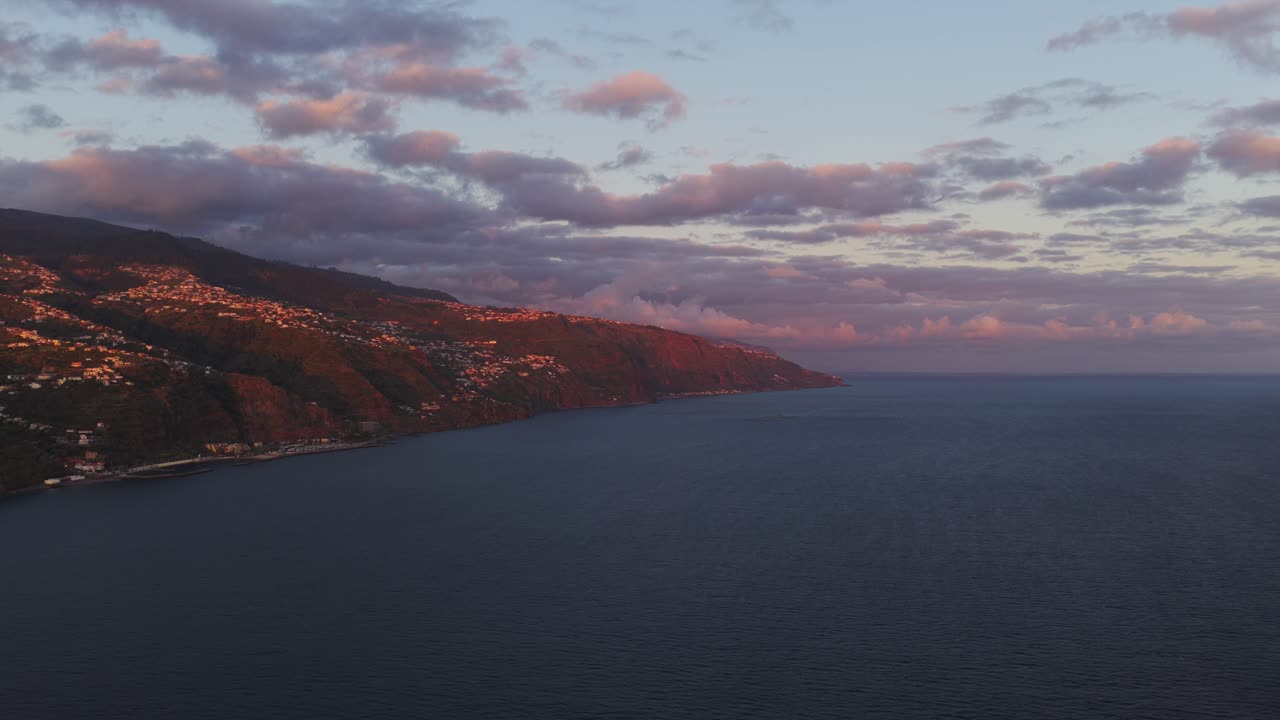 Calheta coastline in Madeira captured at sunset from above. Aerial