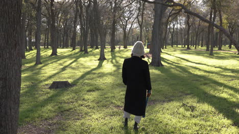 Woman-throws-ball-for-golden-retriever-dog-to-fetch-in-woodland-park-area-with-beautiful-morning-sunlight